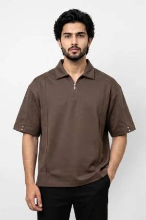 Oversized Half Zipper Polo T-Shirt – Coffee